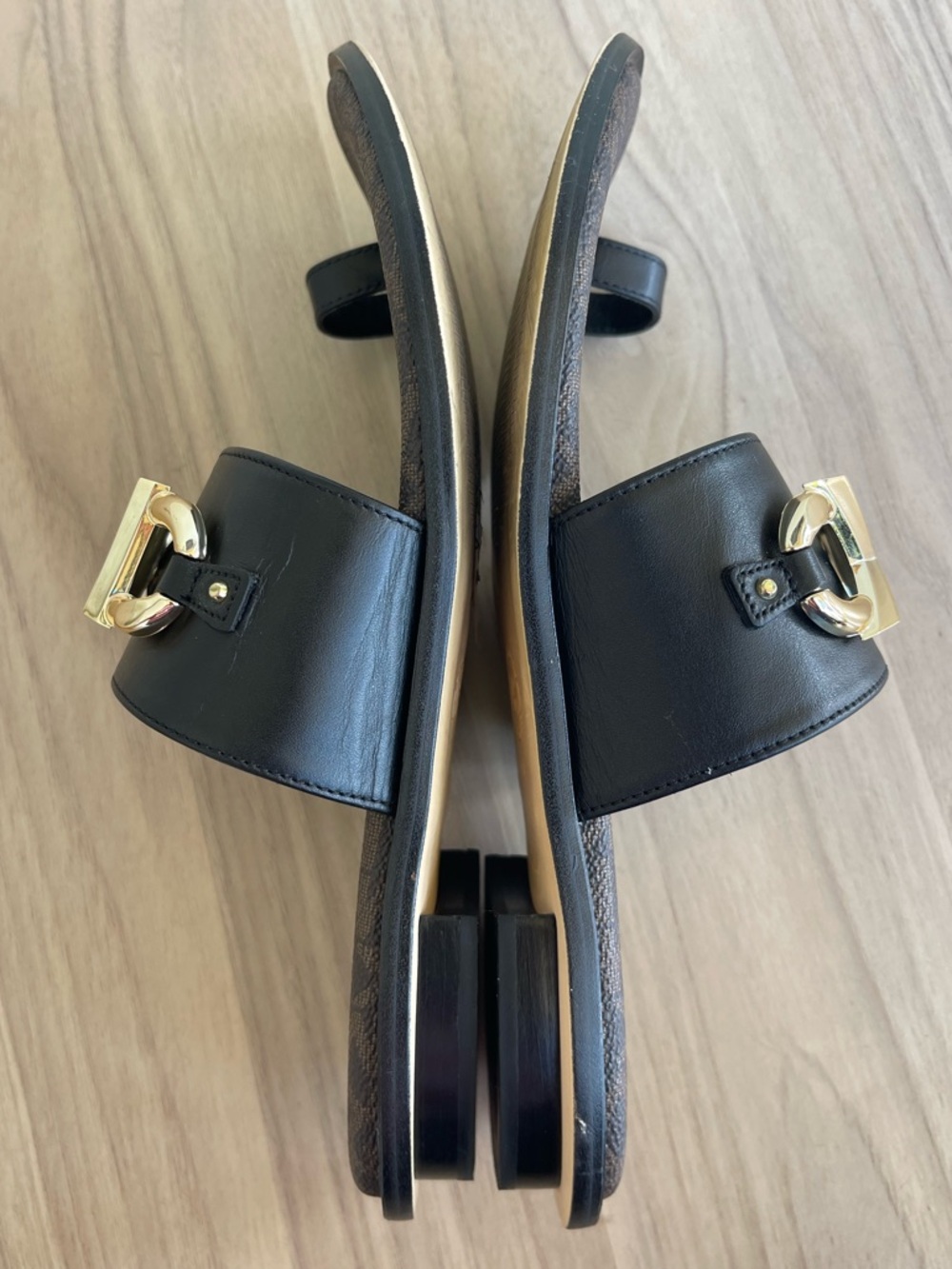 Michael Kors Black Slides with Gold MK Emblem - Picture 4 of 13